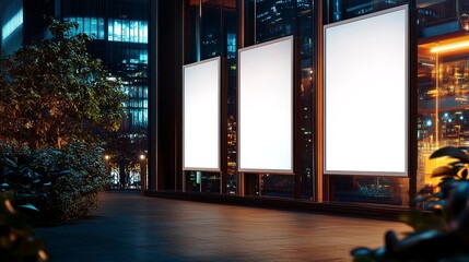 Poster - 3 blank white posters empty white billboards mockup standing in front of an office building at night, with a city background at night time. commercial photo 