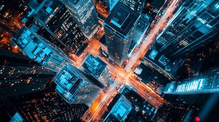 Canvas Print - Aerial view of office buildings and traffic in downtown at night - 