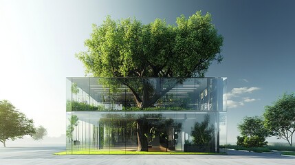 Wall Mural - Sustainable green building, Eco friendly building. Sustainable glass office building with tree for reducing carbon dioxide, Office with green environment, Corporate building reduce CO2, Safety glass  