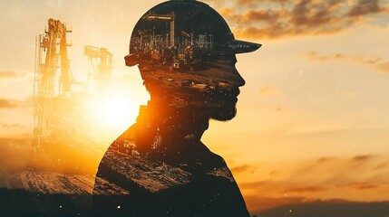 Wall Mural - Double exposure of construction worker silhouette and heavy machinery at sunset, symbolizing industry, hard work, and progress. 