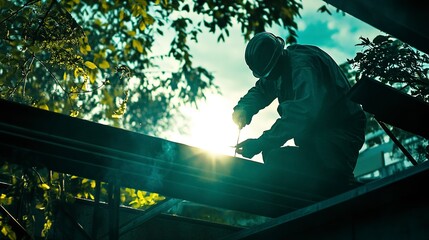 Wall Mural - Environmental construction, A worker welding Environmental Steel components in green construction project., High Resolution Image 