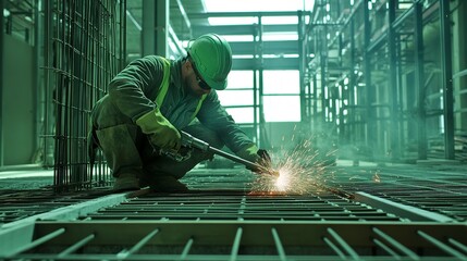 Sticker - Environmental construction, A worker welding Environmental Steel components in green construction project., High Resolution Image  