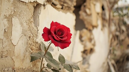 Poster - A vibrant red rose stands resilient against a weathered wall, symbolizing beauty amidst decay.