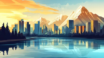 Canvas Print - Urban panorama with structures, major river, and mountain peaks, vector illustration art  