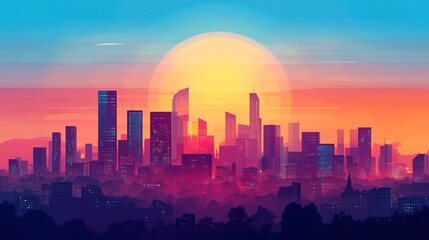 Canvas Print - Abstract geometric cityscape at sunset, Vector flat minimalistic isolated illustration  