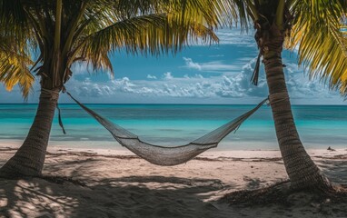 A hammock between two palm trees on the beach, turquoise water in the background