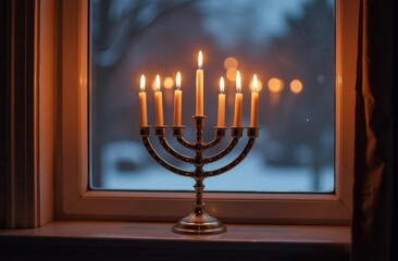 Wall Mural - A beautifully lit menorah with eight candles glowing brightly in a window during a winter evening