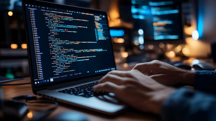 A person coding on a laptop with glowing screens in the background.