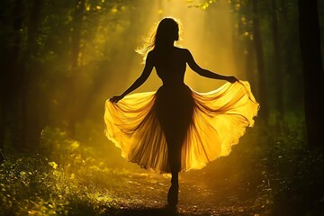 Canvas Print - A silhouette of a woman in a flowing skirt, illuminated by sunlight in a forest setting.