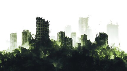 Wall Mural - A desolate cityscape overgrown with vegetation, depicting nature reclaiming urban structures.