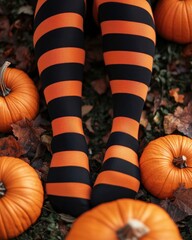 Canvas Print - Halloween themed micro stock images of striped orange and black tights with pumpkins