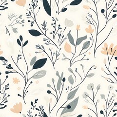 Canvas Print - A floral pattern featuring various plants and flowers in soft colors on a light background.