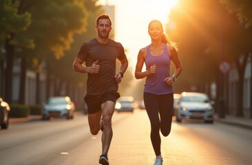 Morning joggers running on a city street during sunrise, capturing a healthy lifestyle and energetic vibe