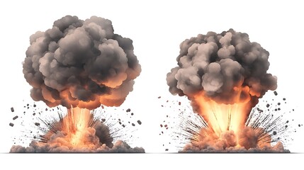 Canvas Print - Two explosive smoke clouds with fiery bursts and debris.