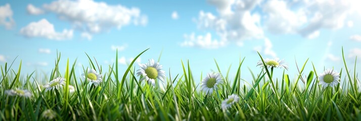 Vibrant green grass and daisies under a clear blue sky, conveying a fresh and lively atmosphere.