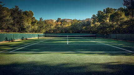 Wall Mural - A serene tennis court surrounded by trees in a peaceful setting.