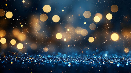 A shimmering background of golden and blue bokeh lights.