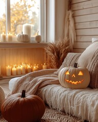 Wall Mural - Autumn Decor with Carved Pumpkin and Candles in Warm Interior