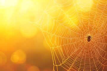 Poster - A close-up of a spider web illuminated by warm sunlight, showcasing intricate patterns and a spider at its center.