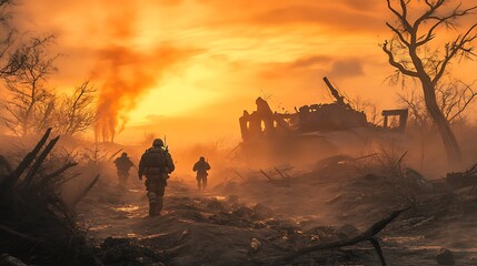 Poster - Soldiers walking through a desolate landscape at sunset, with a destroyed vehicle in the background.