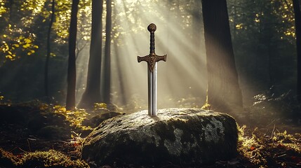 Poster - A majestic sword embedded in a rock, illuminated by rays of sunlight in a serene forest setting.