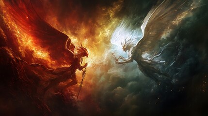 Wall Mural - A dramatic clash between two celestial beings, one embodying fire and the other light, symbolizing duality.