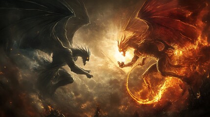 Poster - Two powerful dragons, one dark and one fiery, face off in a dramatic, mystical landscape.