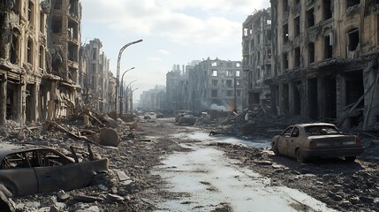 Canvas Print - A desolate urban landscape with ruined buildings and abandoned vehicles, reflecting devastation and neglect.