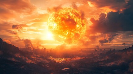 Sticker - A dramatic sunset with a large sun illuminating a desolate landscape, creating a surreal atmosphere.