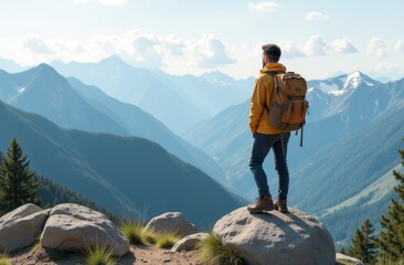 a hiker in a yellow jacket stands on a rock, admiring the panoramic view of the mountain landscape o