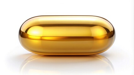 A shiny gold capsule with a rounded shape and reflective surface lies isolated on a white background, conveying luxury, elegance, and high-end quality.