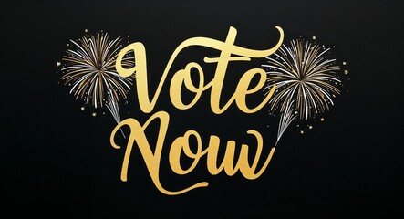 vote now calligraphic gold lettering with fireworks on plain black background