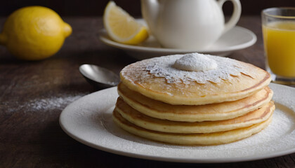 Wall Mural - lemon pancakes with powdered sugar on a plate