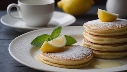 Wall Mural - lemon pancakes with powdered sugar on a plate