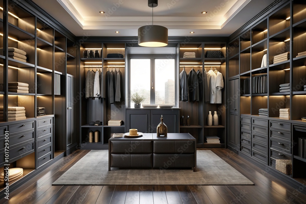 Dark, modern, walk-in closet with sleek black wardrobe cabinets ...