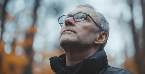 A man wearing glasses is looking up at the sky