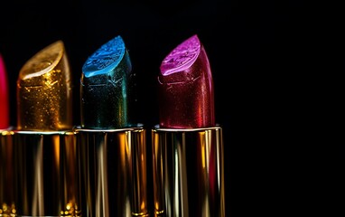 Lipsticks of different colors on a black background close-up