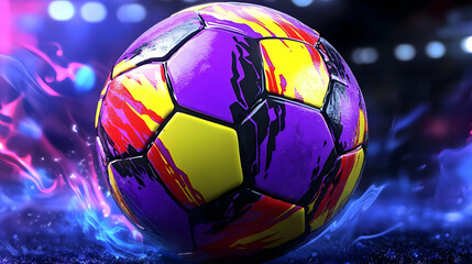 A vibrant soccer ball with colorful designs on a dynamic background.