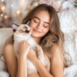 © พุฒิพงศ์ ขาวทอง - Beautiful Woman Holding a Cat   Petting a Cat  Happy and Smiling