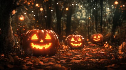 Wall Mural - spooky season greetings with illuminated pumpkins and shadowy woods