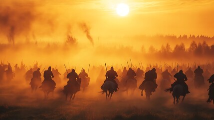 Canvas Print - A dramatic sunset scene depicting a group of warriors on horseback, charging through misty terrain.