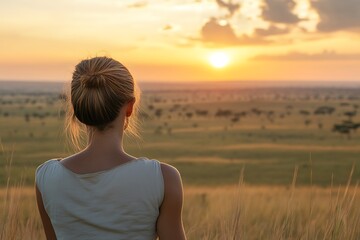 Wall Mural - A person watching a sunset over a vast landscape, reflecting on nature's beauty and tranquility.