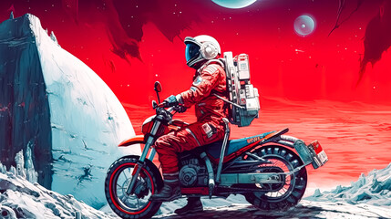 Astronaut on a Martian ride, Motorcycle wheels kick up red dust against