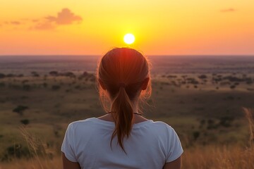 Sticker - A person watching a sunset over a vast landscape, reflecting tranquility and appreciation for nature.