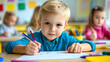 © Siasart - A young boy drawing in a classroom with classmates in the background.
