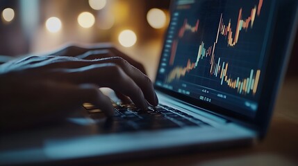 Wall Mural - close up view of hands typing on a laptop computer with financial graphs and charts displayed on the