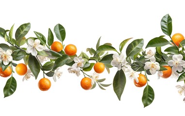 Wall Mural - Branch of orange tree with flowers and tangerines isolated on white background