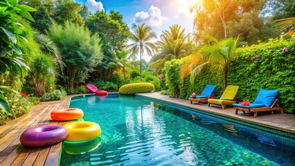 Vibrant summer background featuring a serene blue pool surrounded by lush greenery, loungers, and colorful floaties, evoking a sense of relaxation and fun.