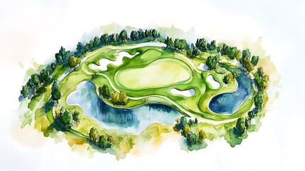 Sticker - Watercolor Painting of a Golf Course with Water Features.