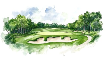 Watercolor illustration of a golf course with green grass, sand traps, and trees.